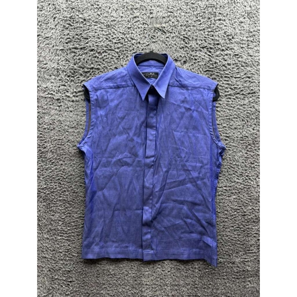 Thierry Mugler Cotton Full-Snap Collared Sleeveless Shirt Blue Mens Size 39/15.5